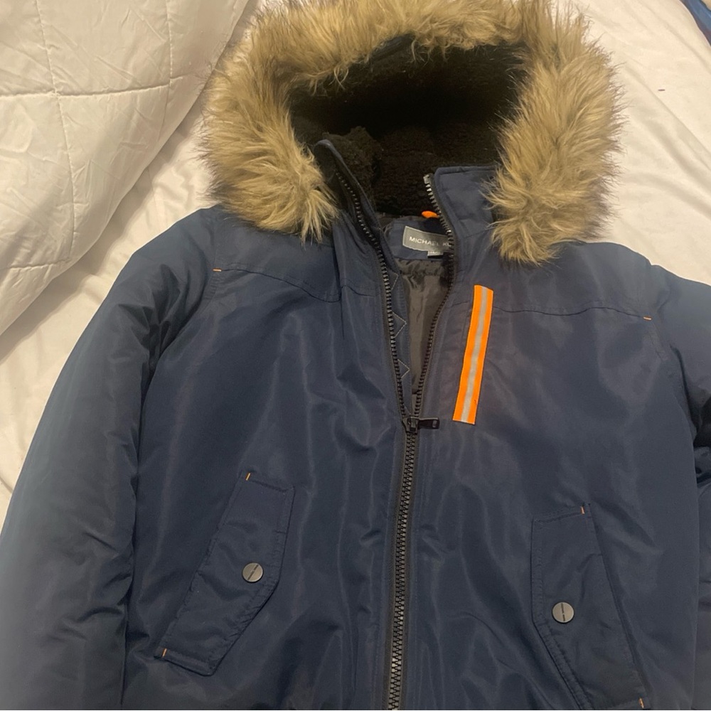 Michael Kors Boys size 14/16 Down Jacket With  Fur, Navy Color, orange stripe